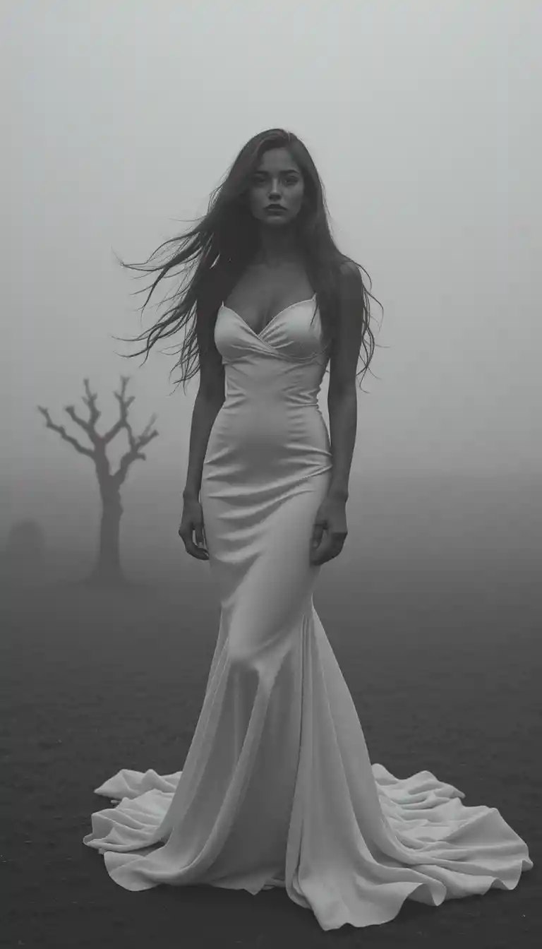 Fashion model in white mermaid dress standing in desert fog
