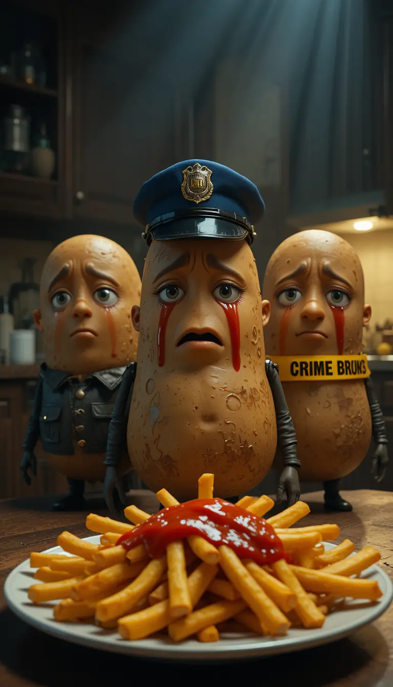 Anthropomorphic Potatoes In A Dimly Lit Kitchen Scene