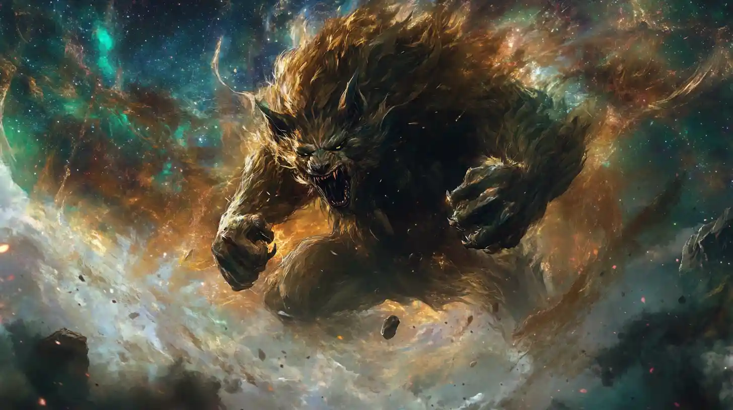 Feral fantasy beast in cosmic battle with glowing energy