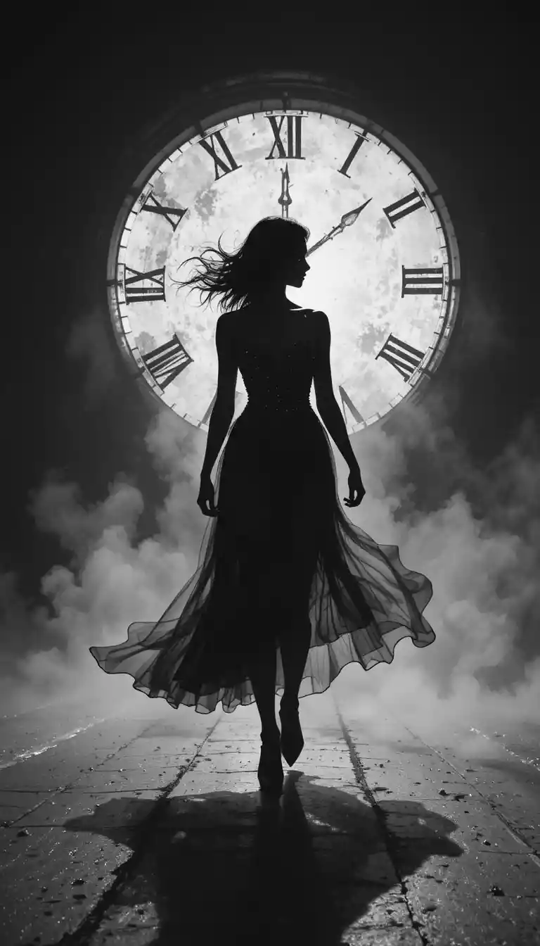 Woman silhouette walking against a disintegrating clock