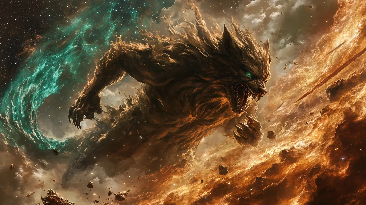 Feral fantasy beast leaping through glowing cosmic space