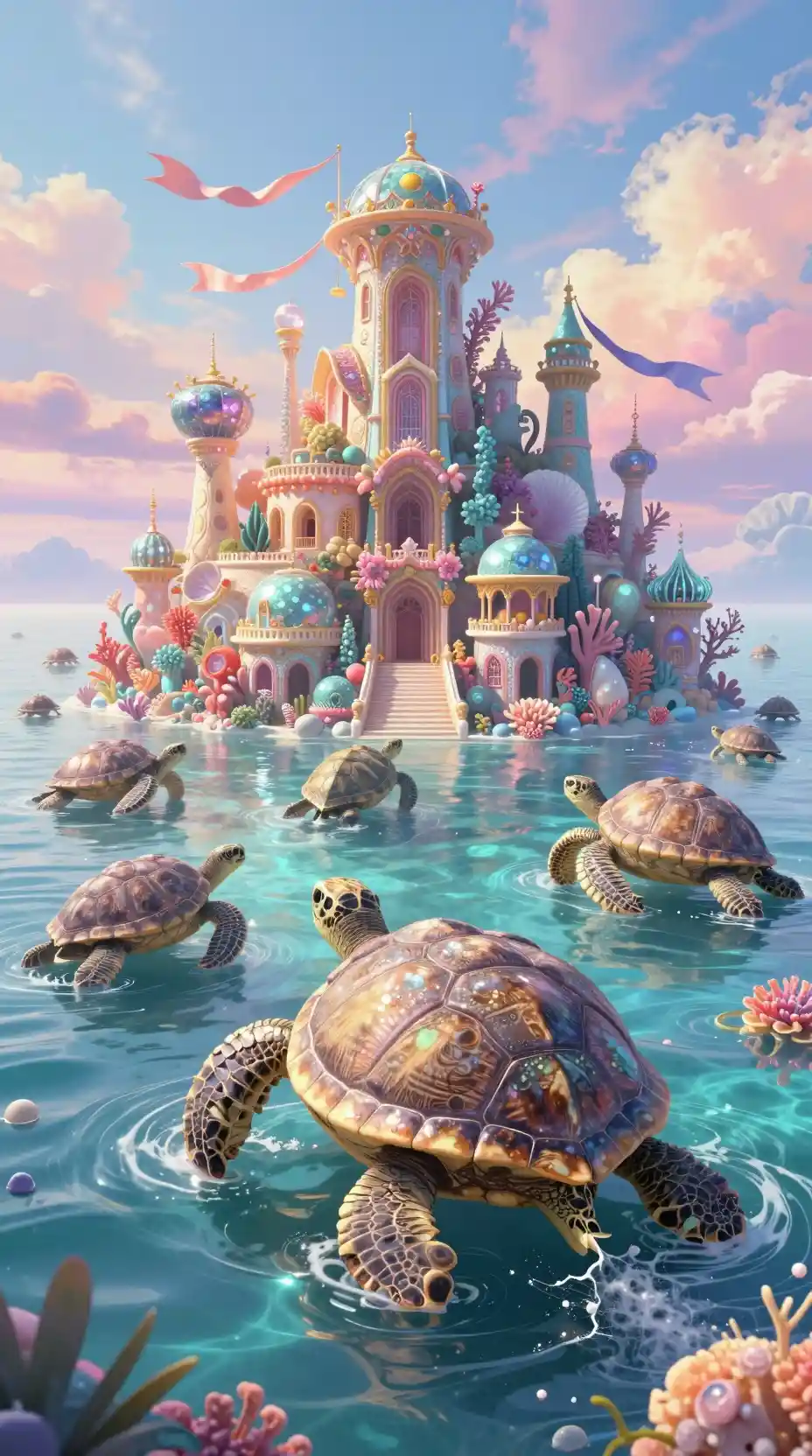 Fantasy city on colossal turtles above a magical sea