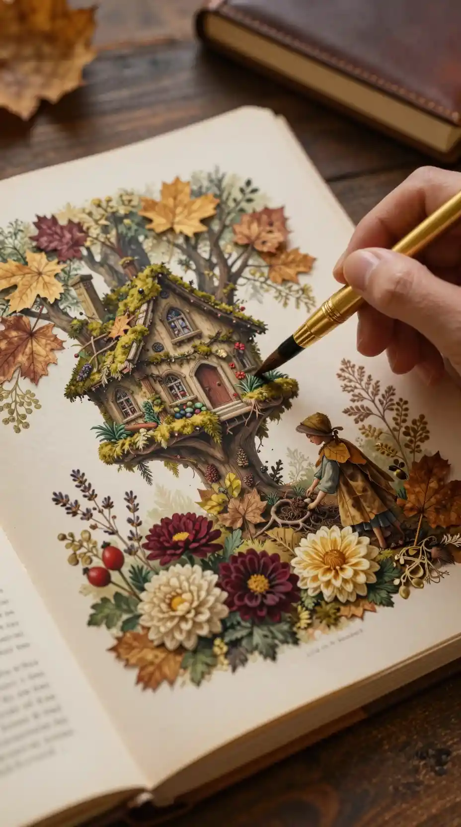 Naturaleza muerta en primer plano de una mano pintando sobre un libro botánico