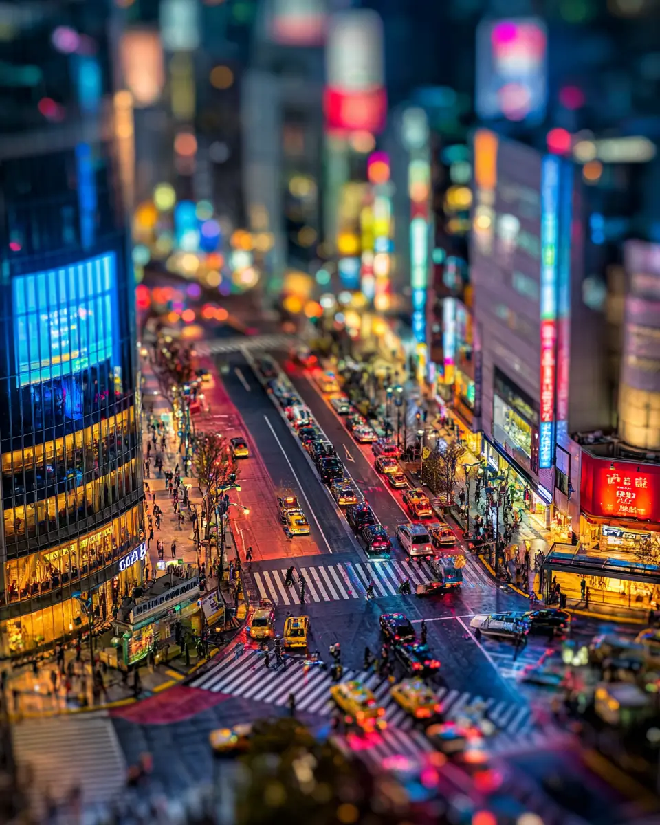 Miniature night city intersection with neon traffic lights