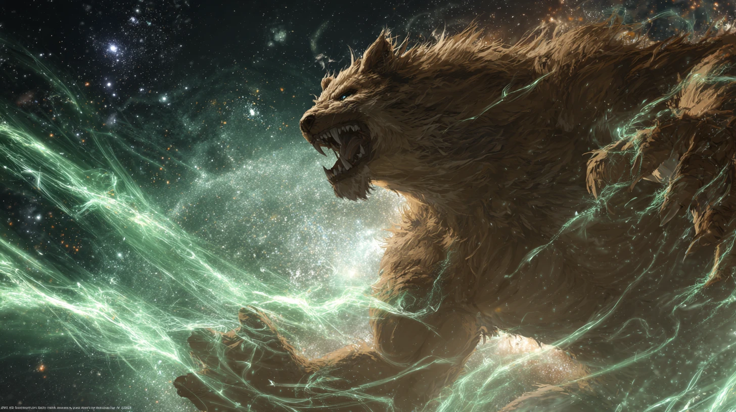 Anime fantasy beast surging with earth and cosmic energy