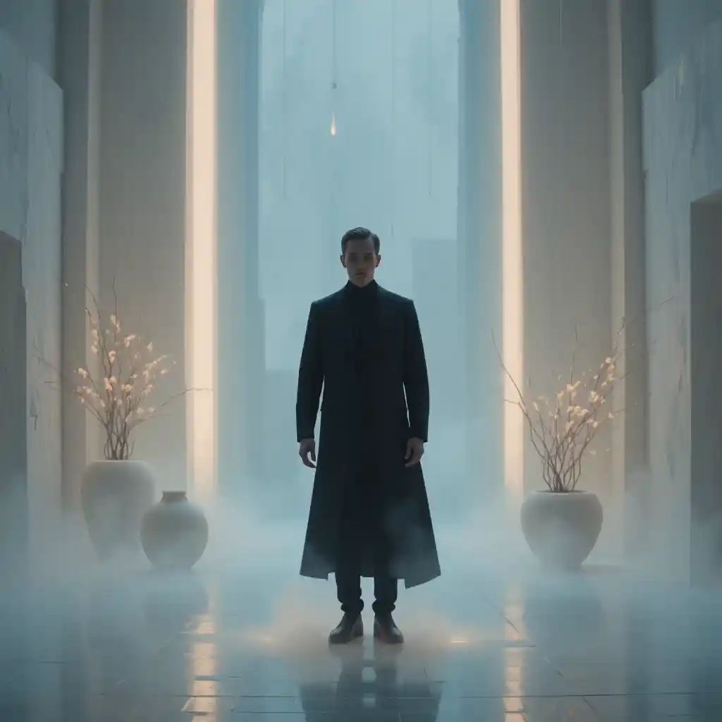 Calm man in a minimalist interior with soft warm light