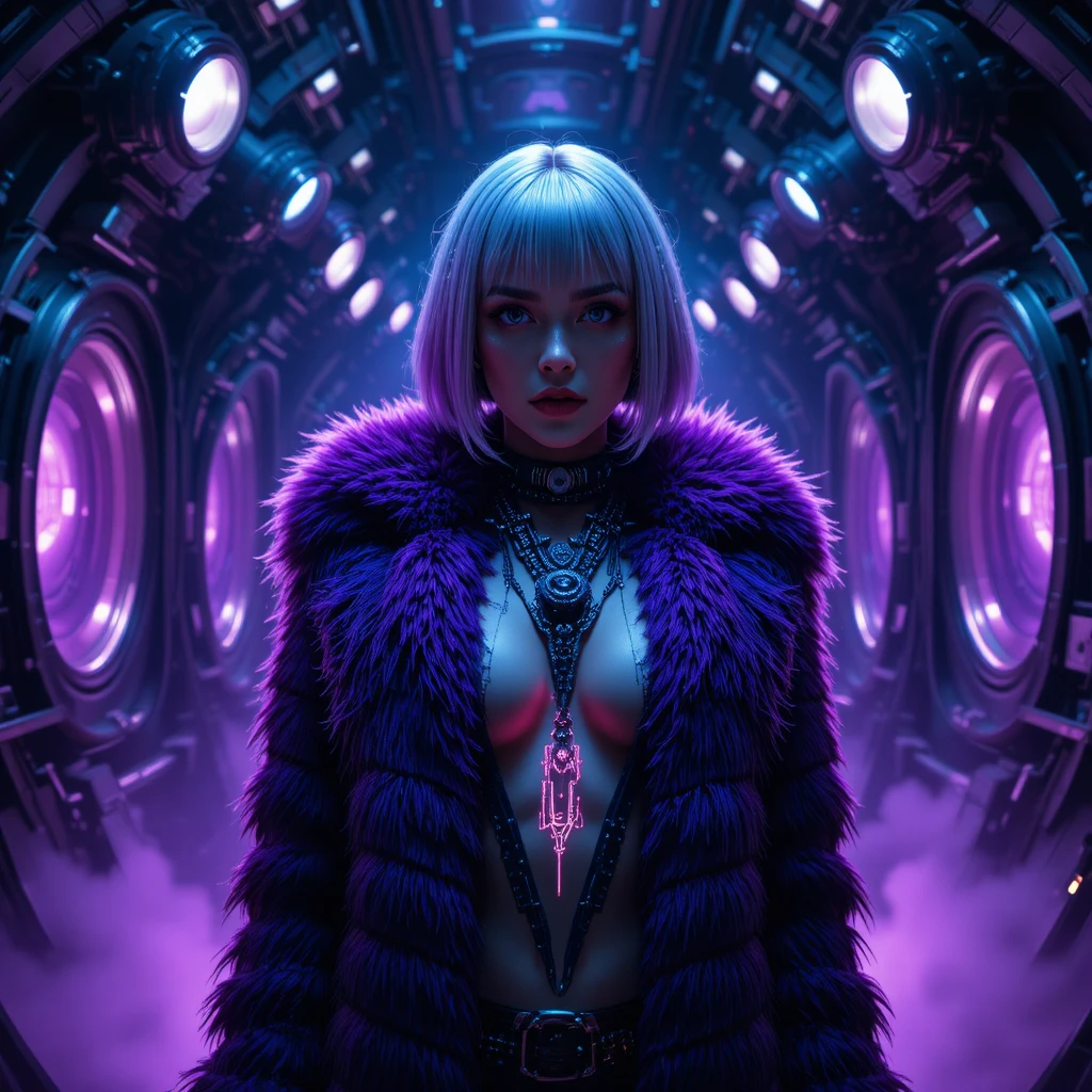 Ritratto di donna cyberpunk in camera motore aliena
