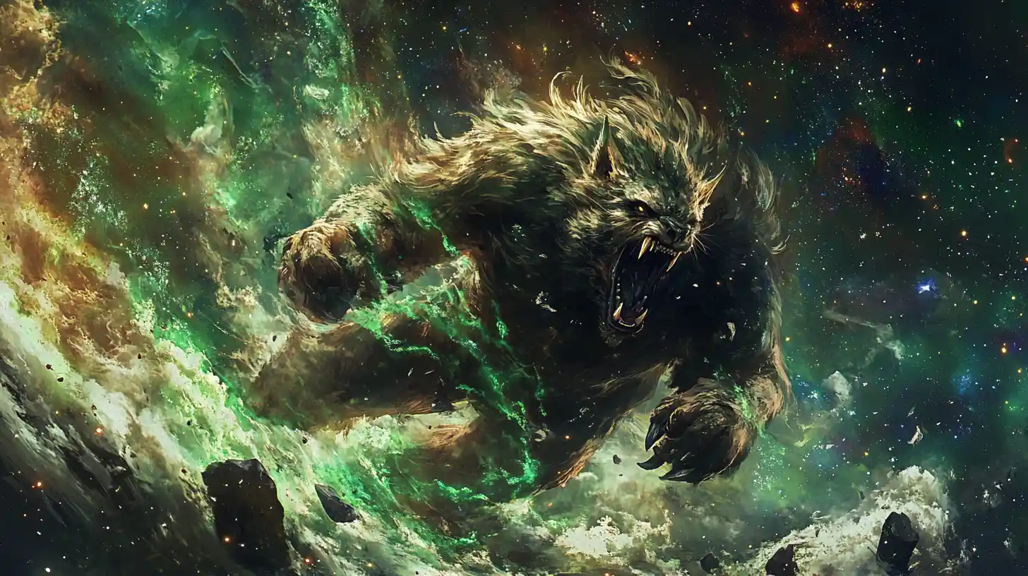 Feral fantasy beast leaping through glowing cosmic void