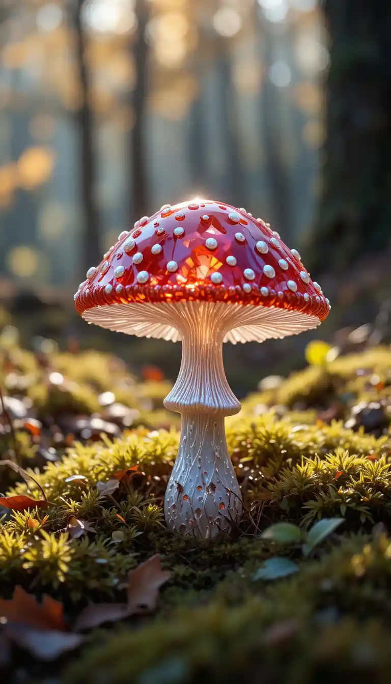 Crystal red mushroom among moss in autumn forest light