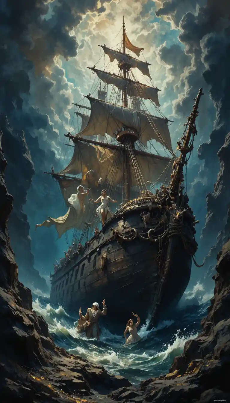 Sunken pirate ship resting on the shadowy ocean floor