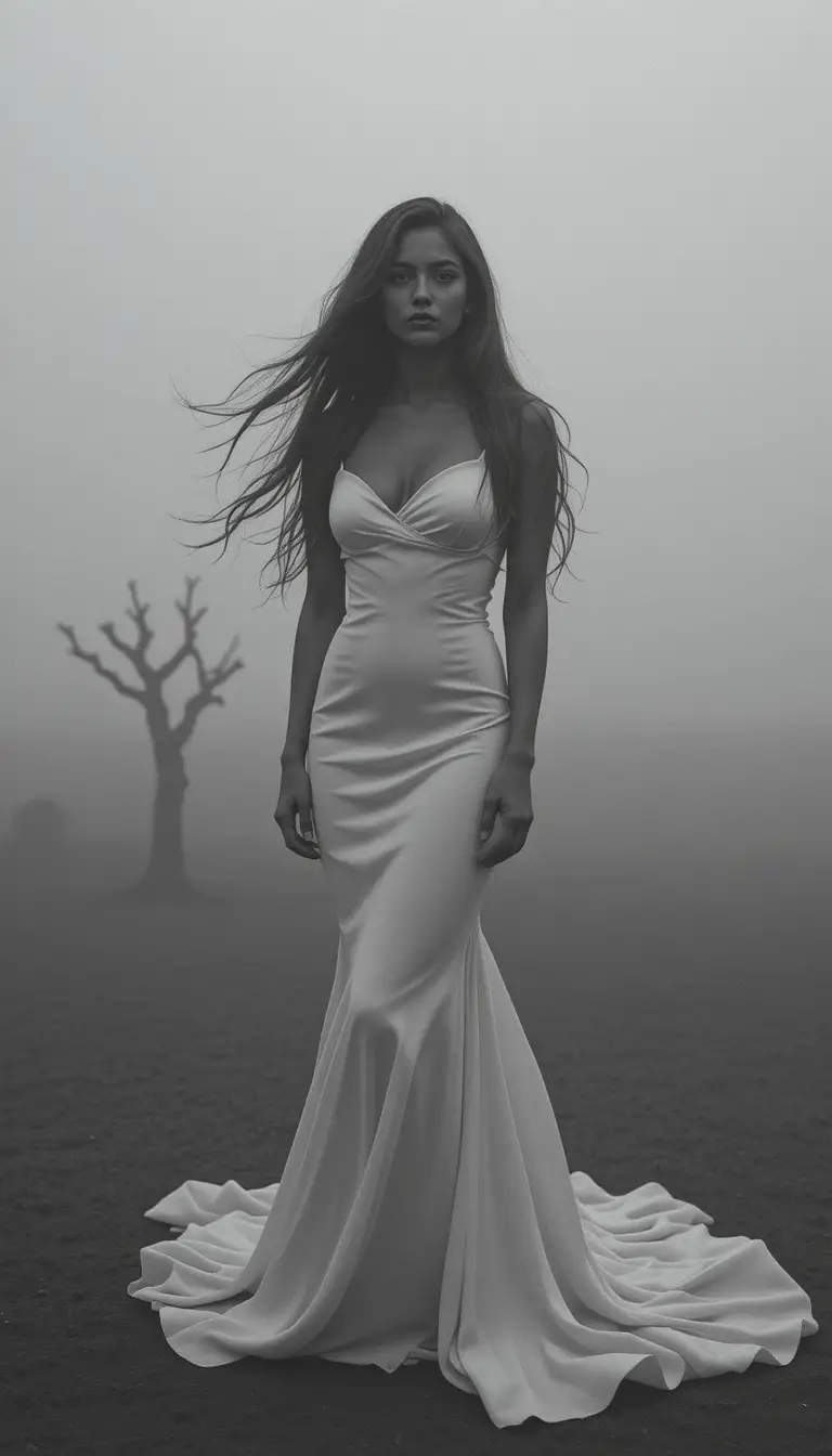 Fashion model in white mermaid dress standing in desert fog