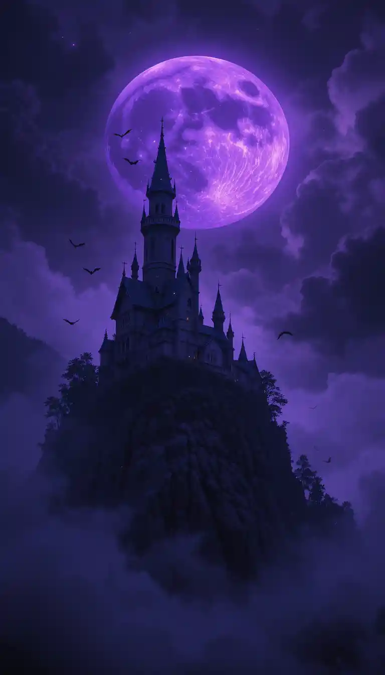 Gothic castle silhouette under a glowing violet moon