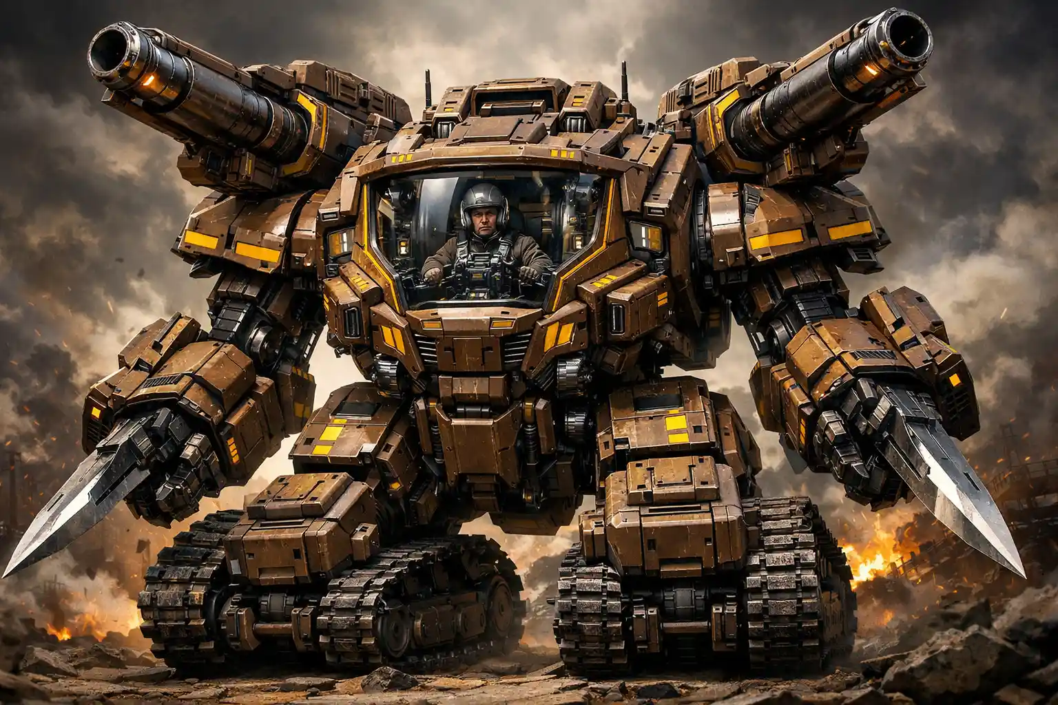 Heavily Armored Mech With Cannons And Visible Pilot