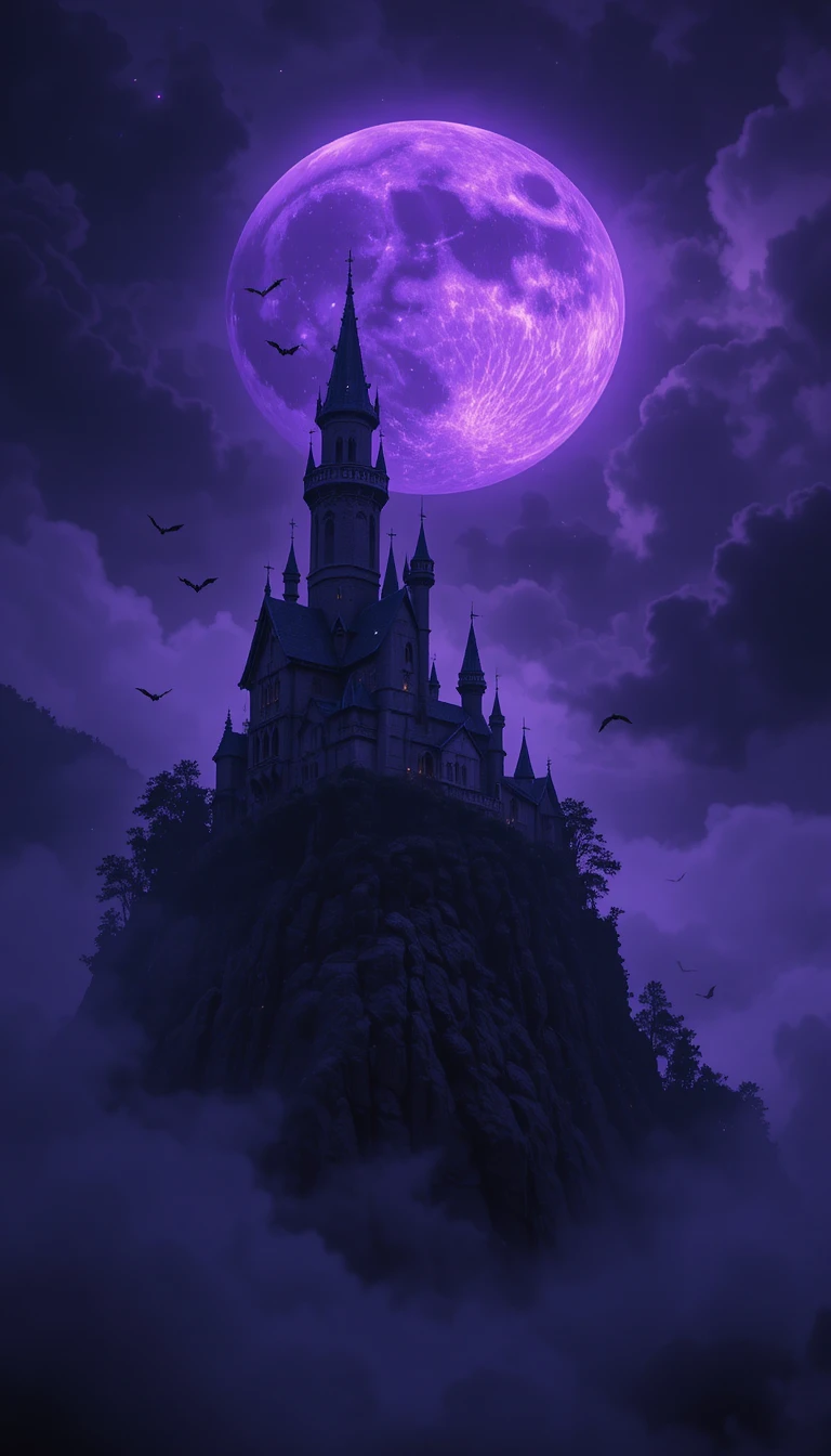 Silueta de castillo gótico bajo una luna violeta resplandeciente
