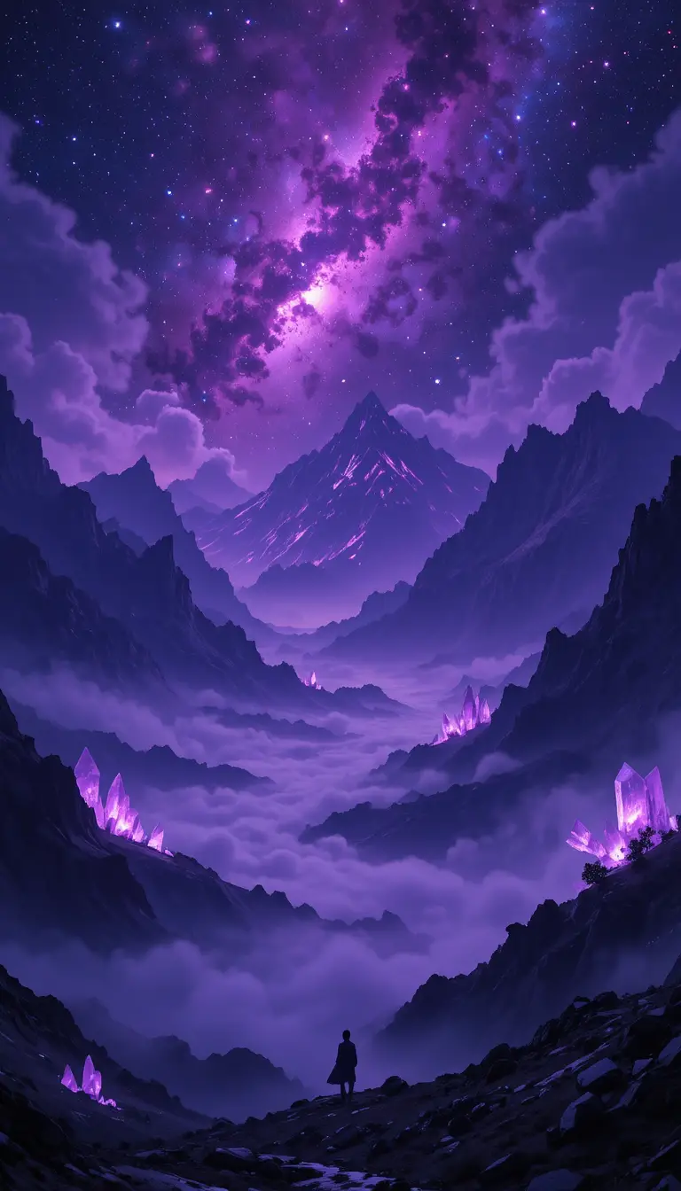 Dark purple fantasy mountains under a glowing cosmic sky
