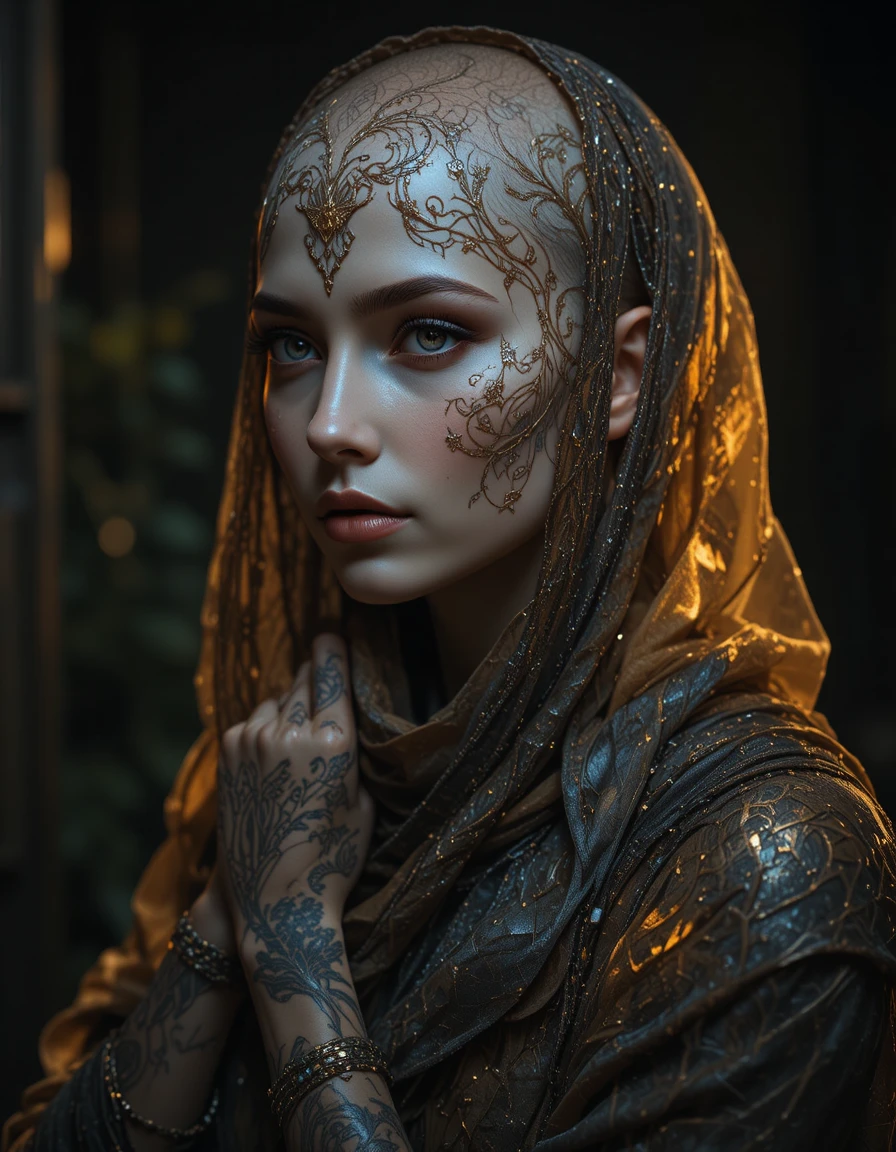 Serene bald woman in filigree patterns and golden veils