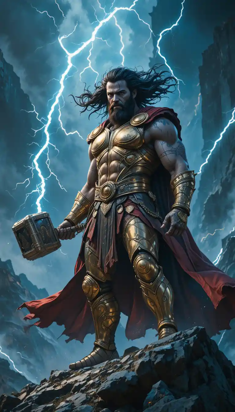 Armored god of war wielding lightning on stormy peak