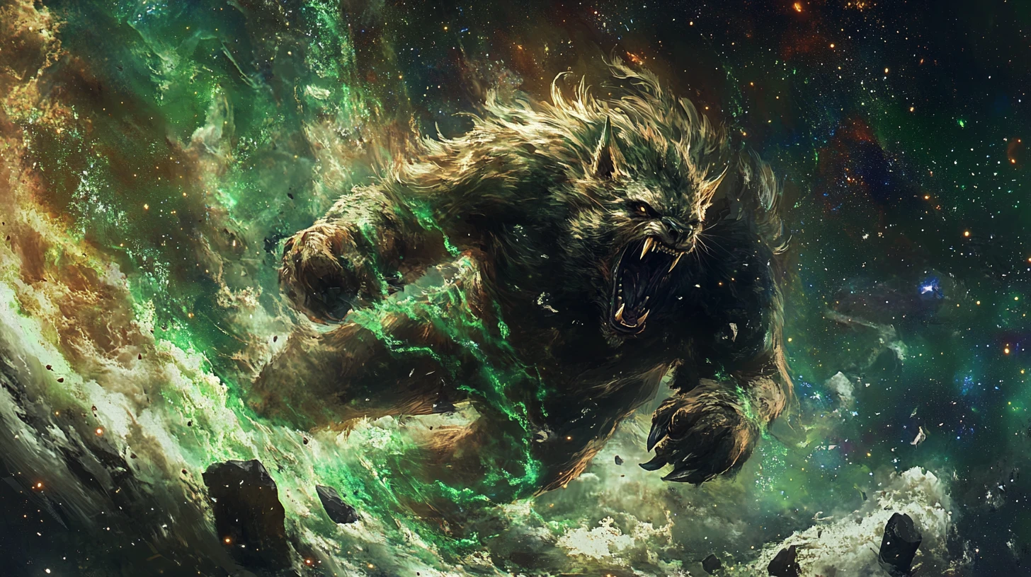 Feral fantasy beast leaping through glowing cosmic void