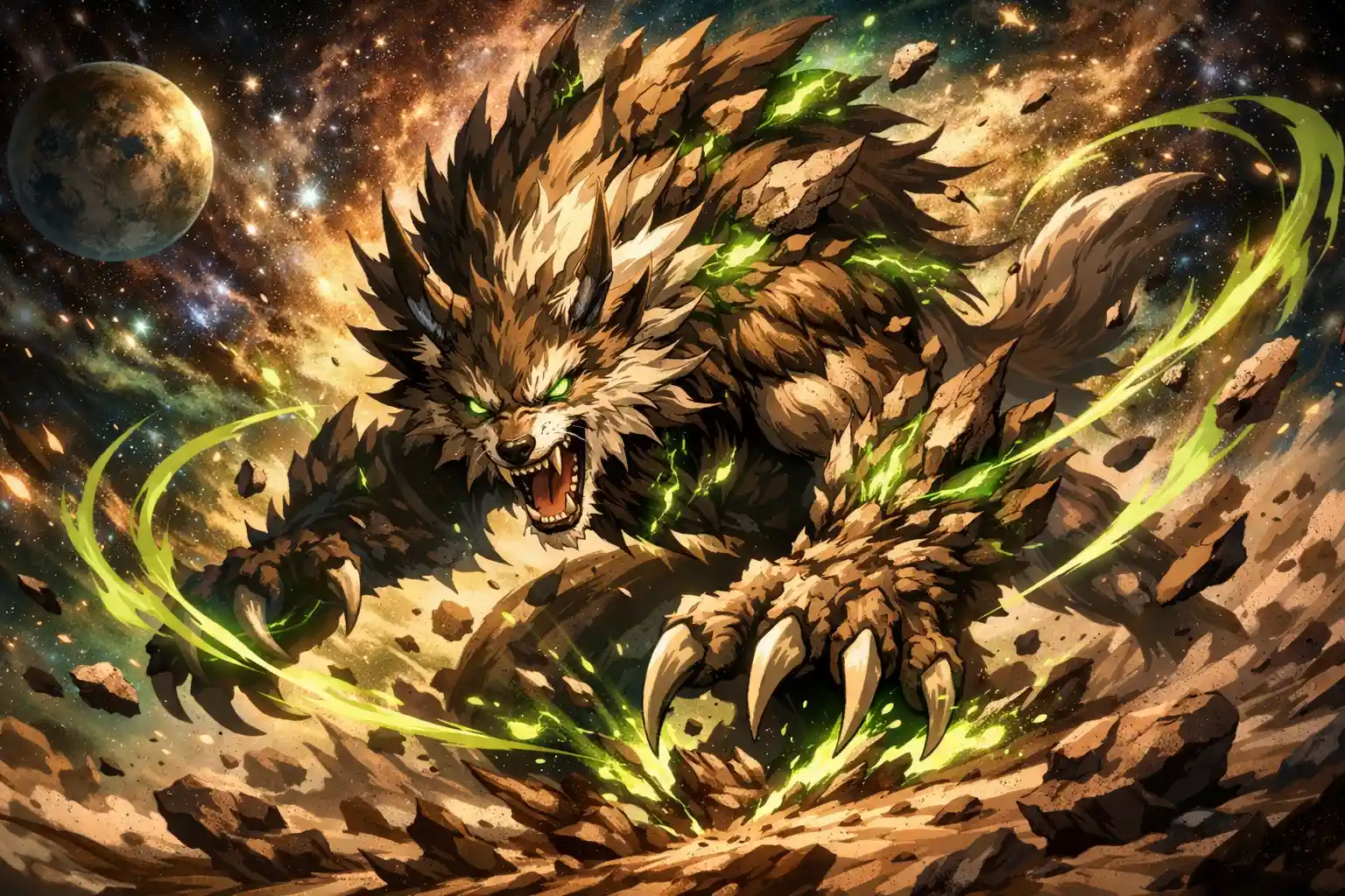 Feral fantasy beast lunging through glowing cosmic space