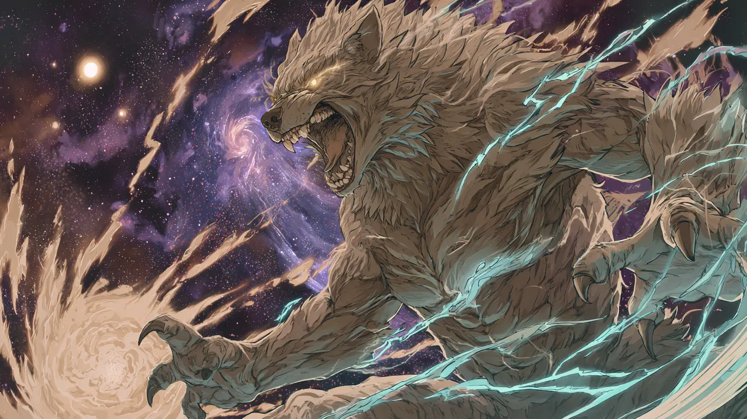 Anime fantasy beast with cosmic nature energy in motion