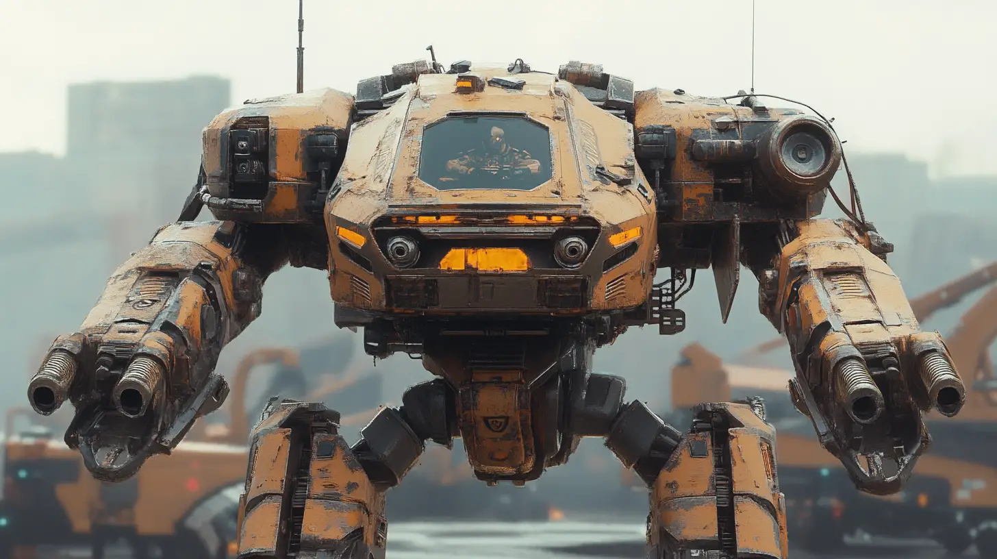 Heavily armored brown mech with cannons and cockpit window