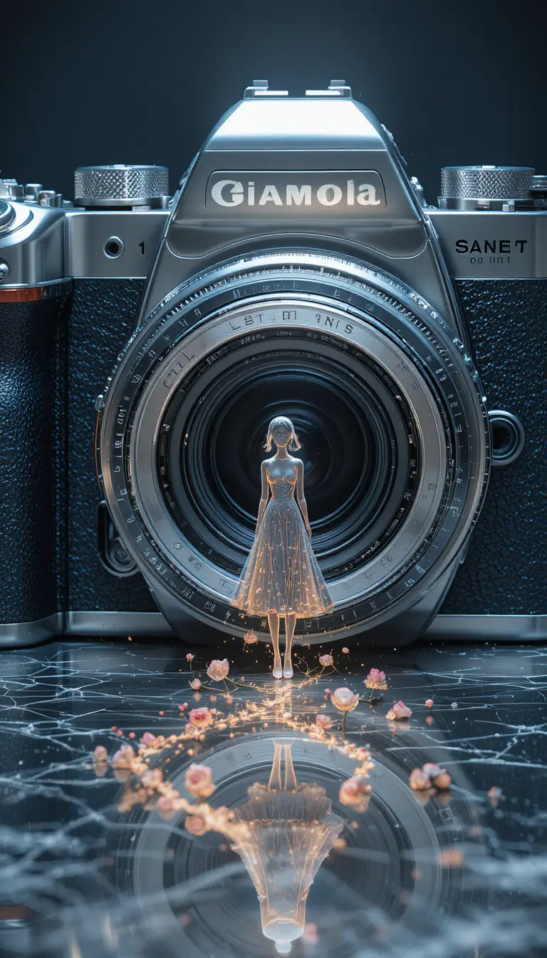 Giant silver camera with glowing outline girl and roses