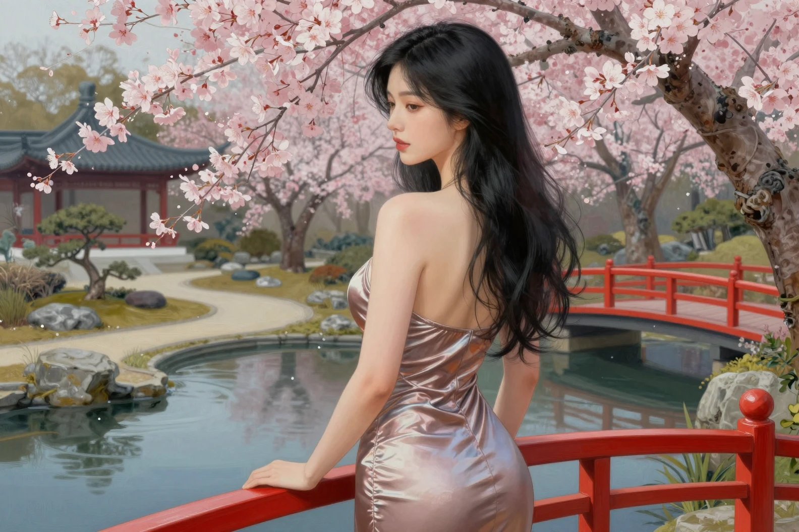 身穿絲質洋裝的棕髮女子漫步於寧靜禪意花園