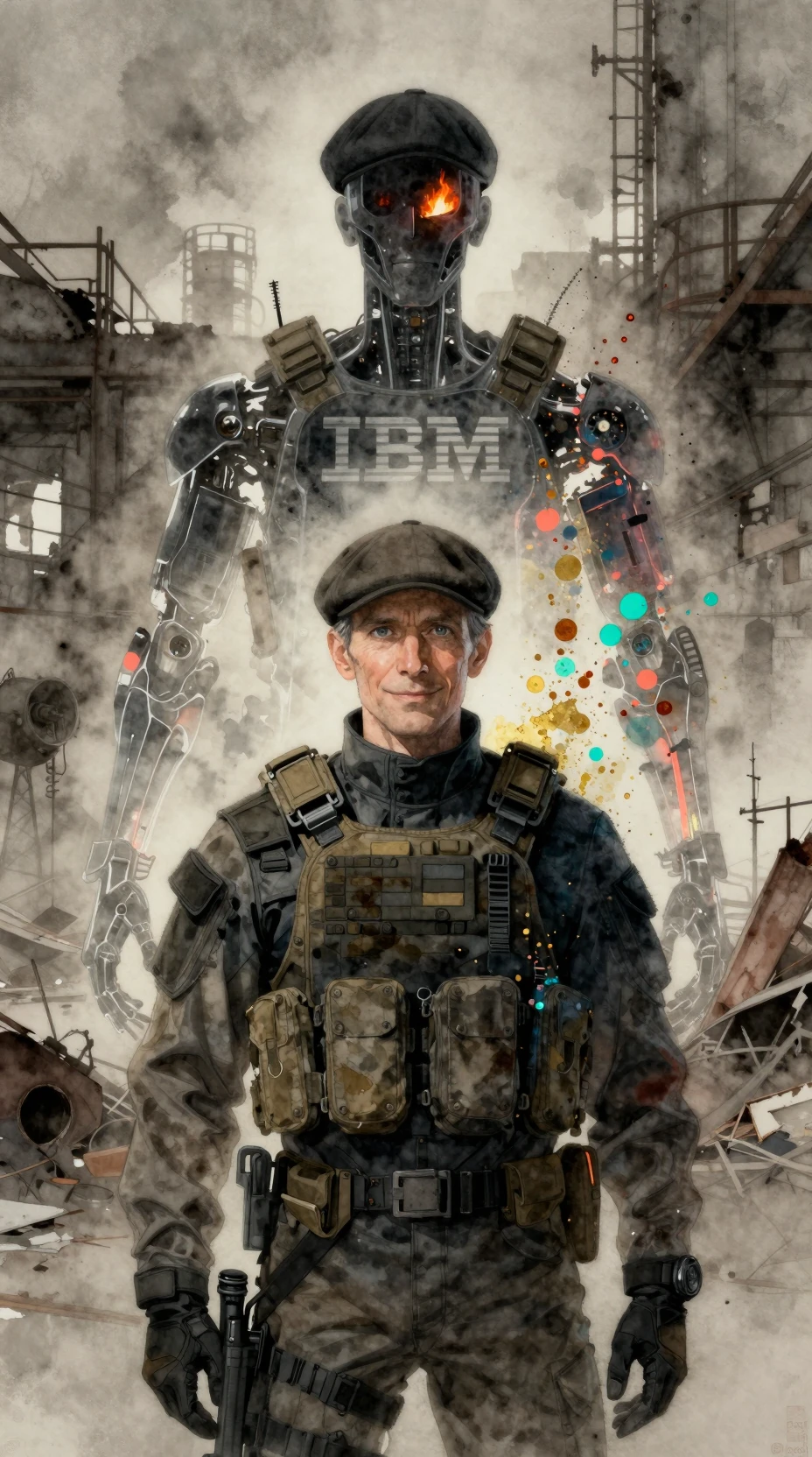 Older man in tactical gear in an abandoned factory