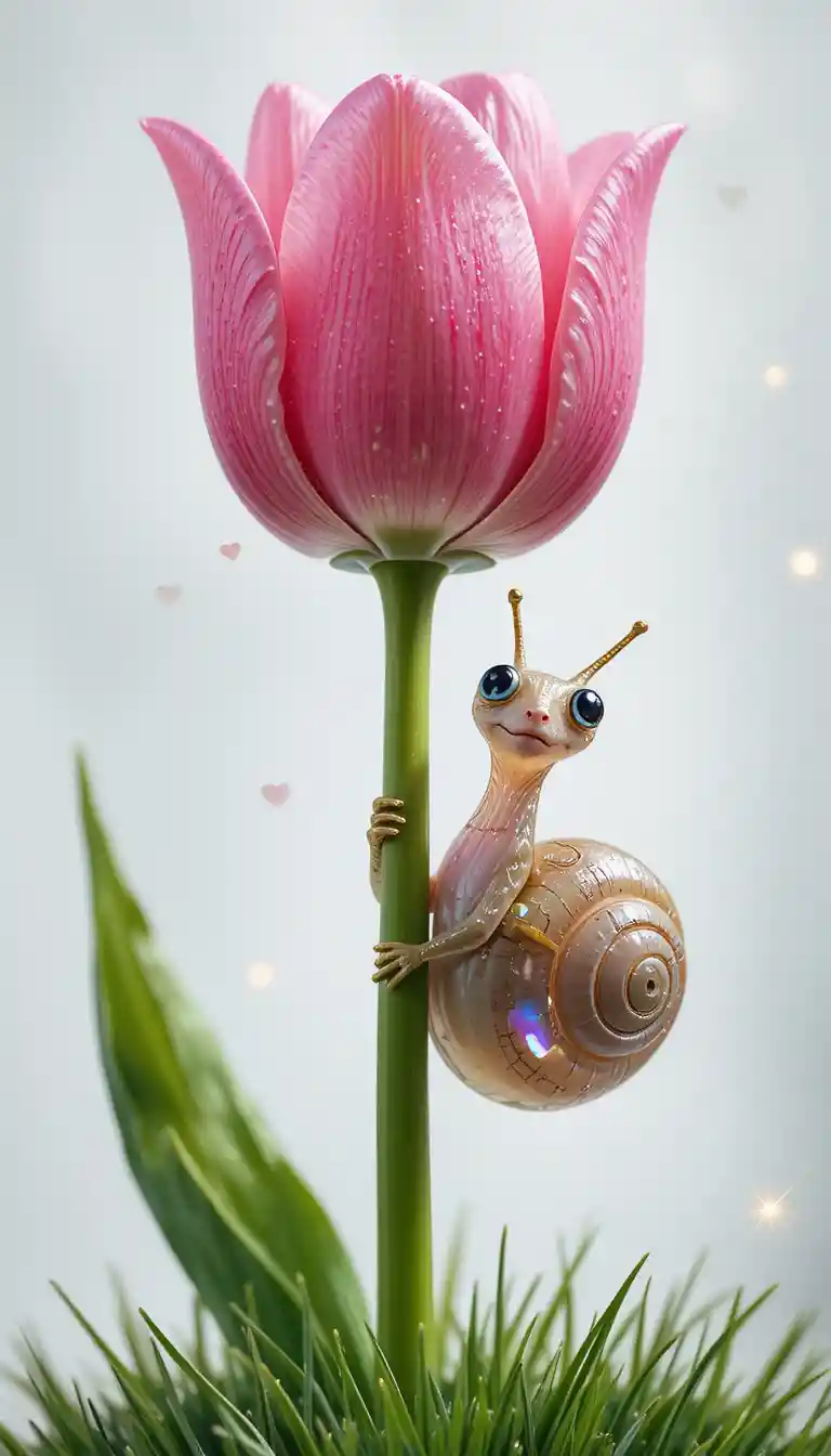 Glas-Schnecke umarmt eine rosa Tulpe mit leuchtenden Herzen