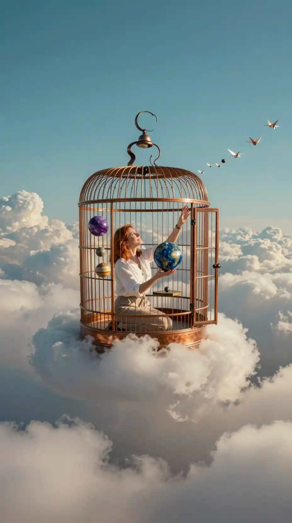 Woman in floating birdcage holding a tiny gemstone solar system