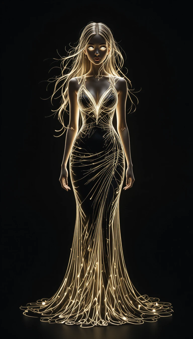 Glowing line drawing of a woman in a flowing dress
