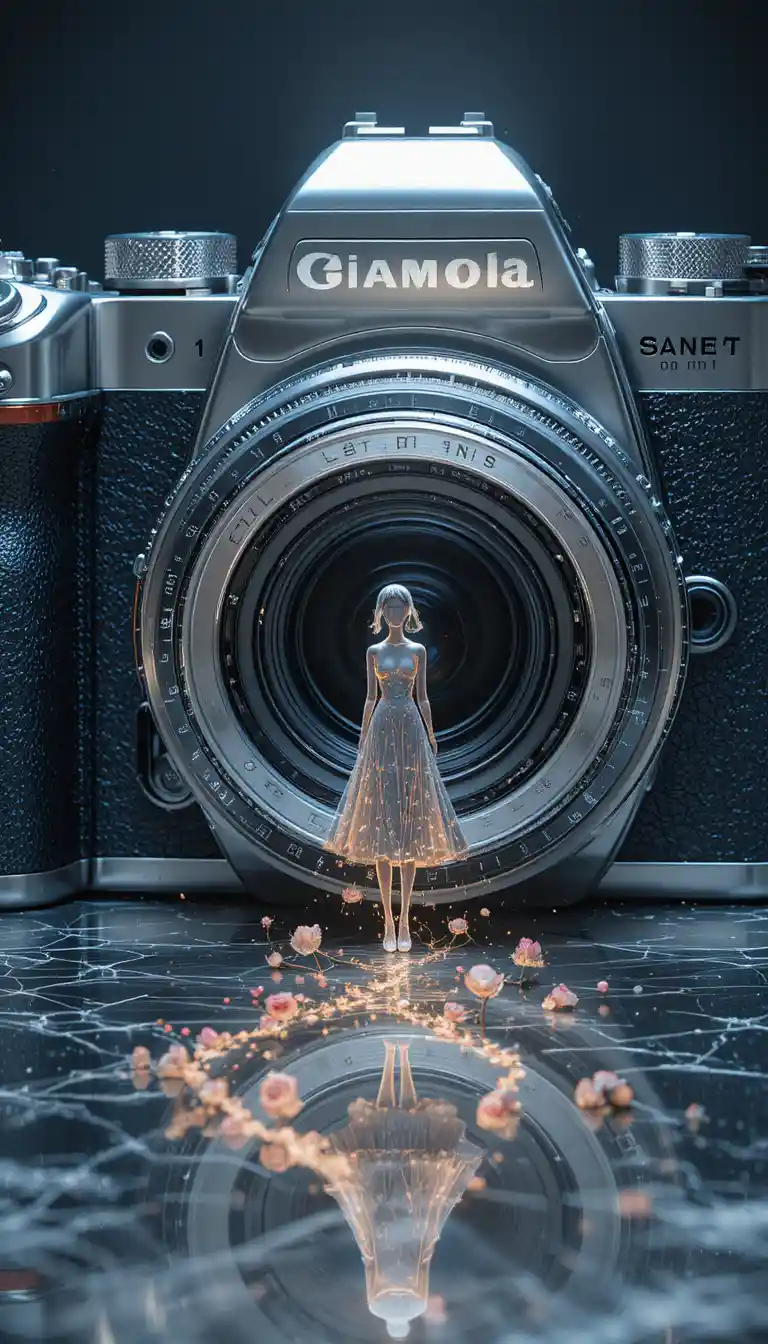 Giant silver camera with glowing outline girl and roses