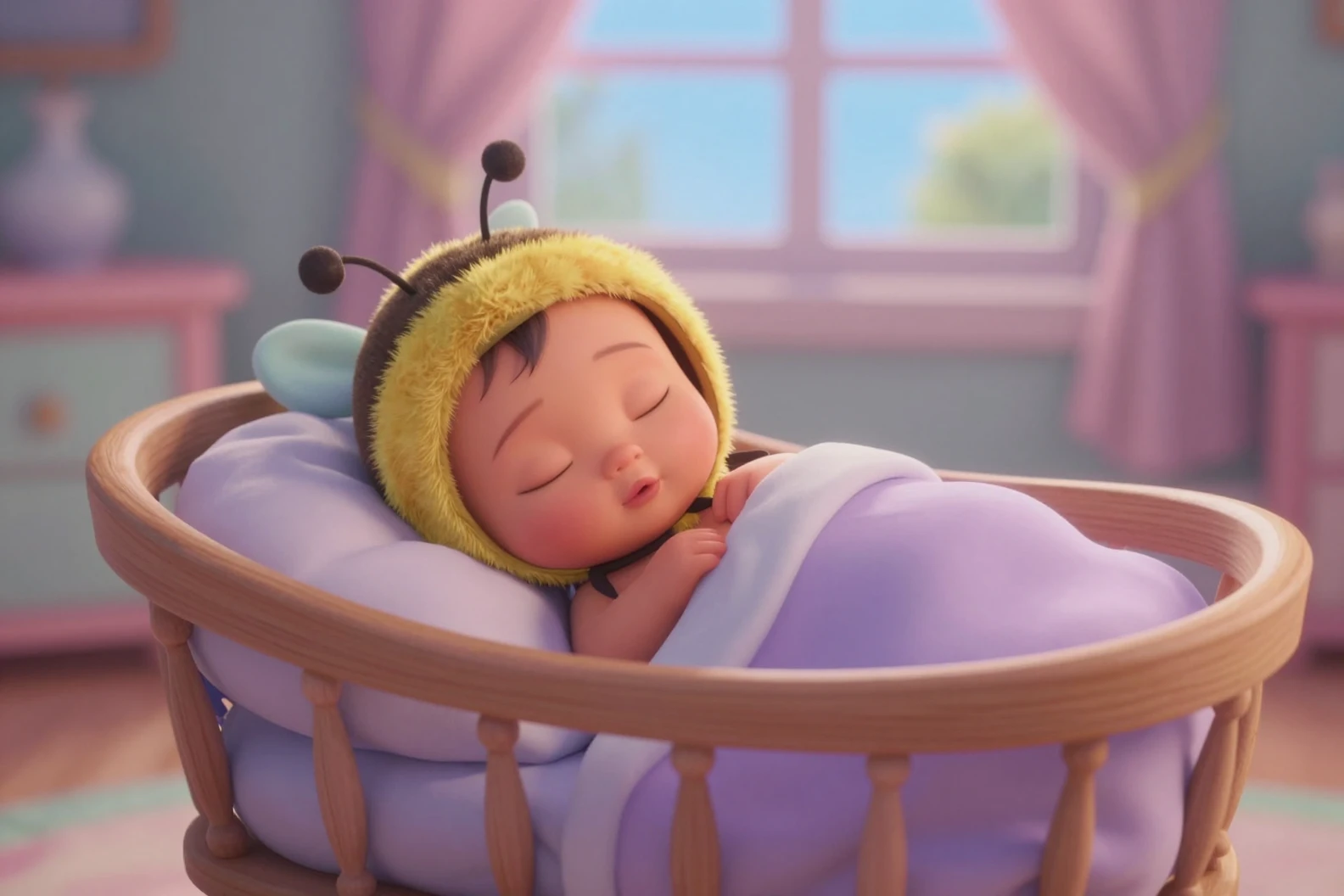 Bebé dormido en un moisés junto a una ventana mirador en una suave habitación infantil