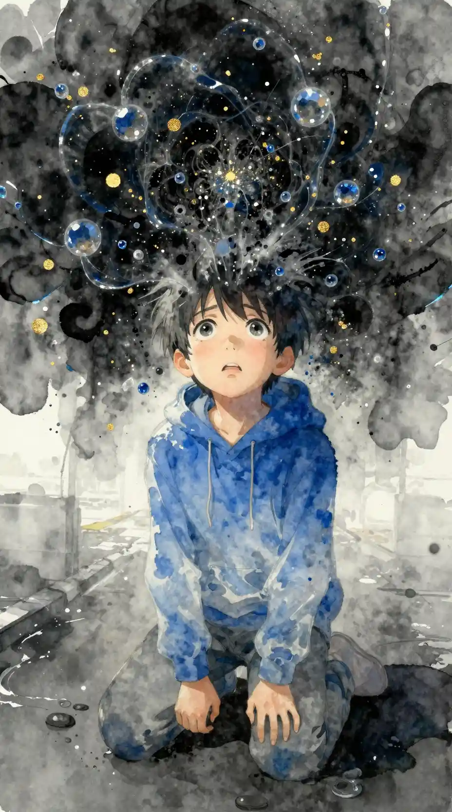 Ragazzo in ginocchio in una strada buia tra vortici di particelle cosmiche