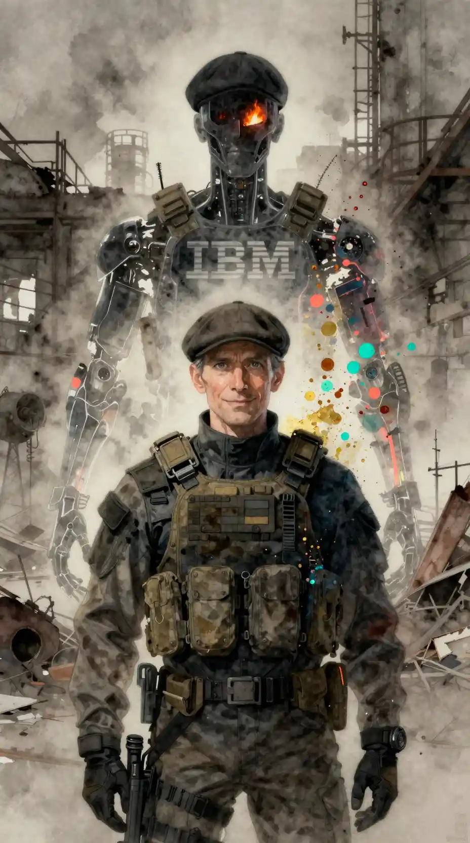 Older man in tactical gear in an abandoned factory