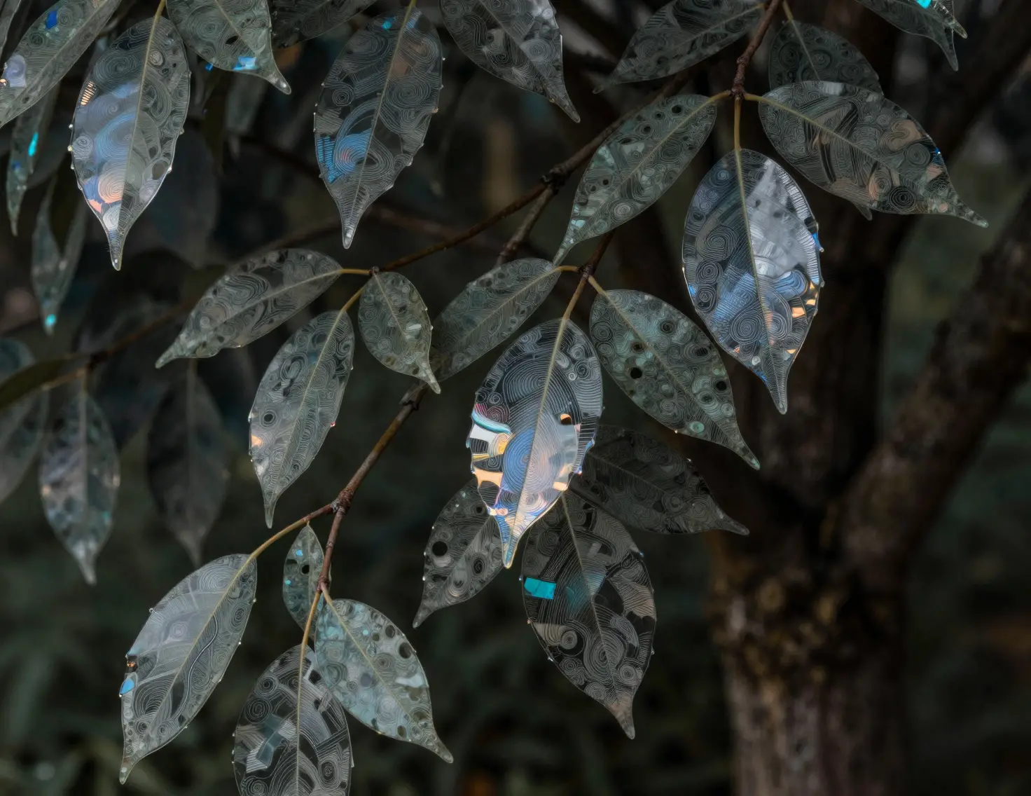Macro view of a glass leaf tree with hidden imp