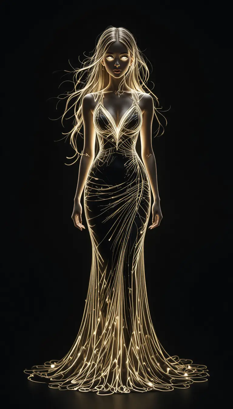 Glowing line drawing of a woman in a flowing dress