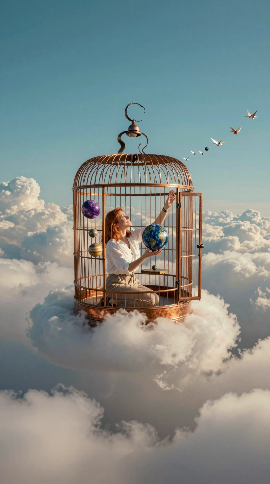 Woman in floating birdcage holding a tiny gemstone solar system