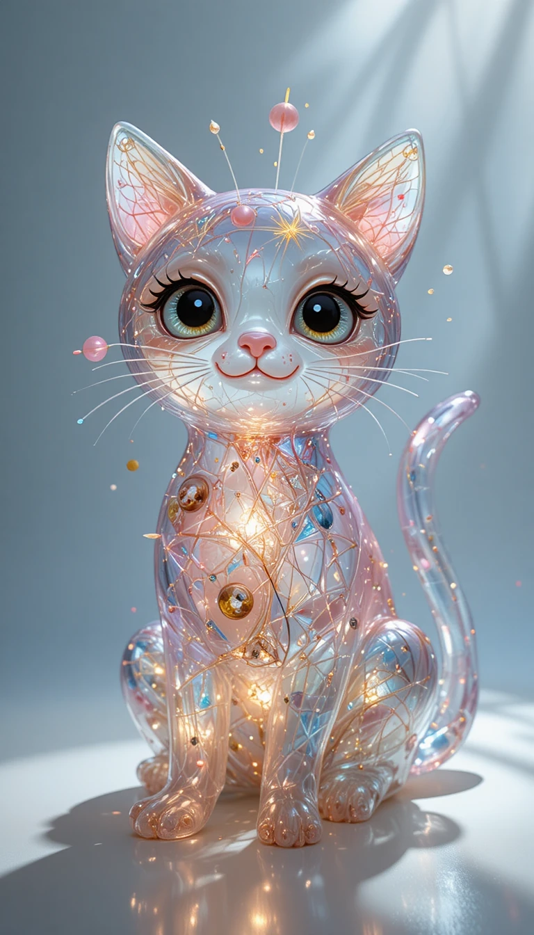 Cheerful cartoon glass kitten glowing with soft backlight
