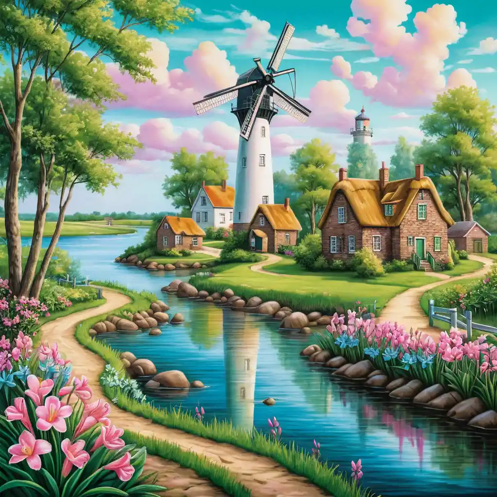 Bunte Flusslandschaft mit Leuchtturm und Windmühlen im Sommer