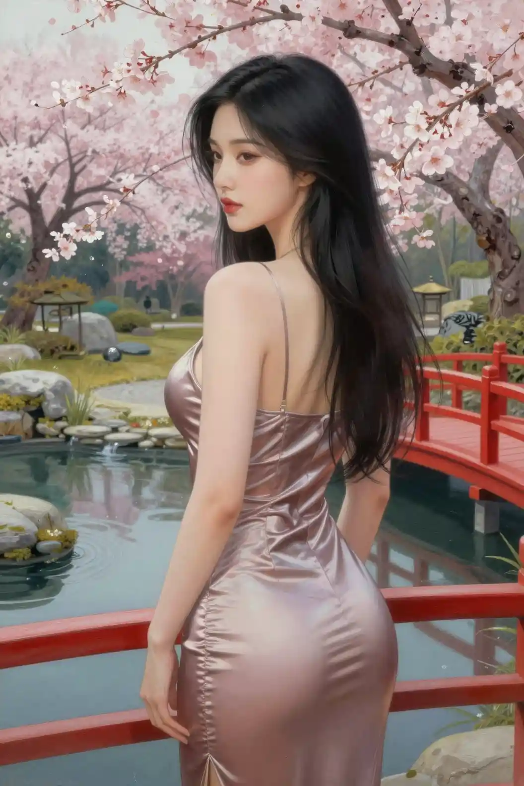 Elegante Frau im Seidenkleid in einem ruhigen Zen-Garten