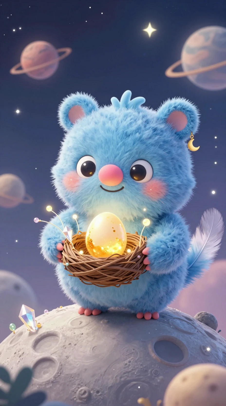 Whimsical Blue Creature Cradling A Glowing Egg On The Moon