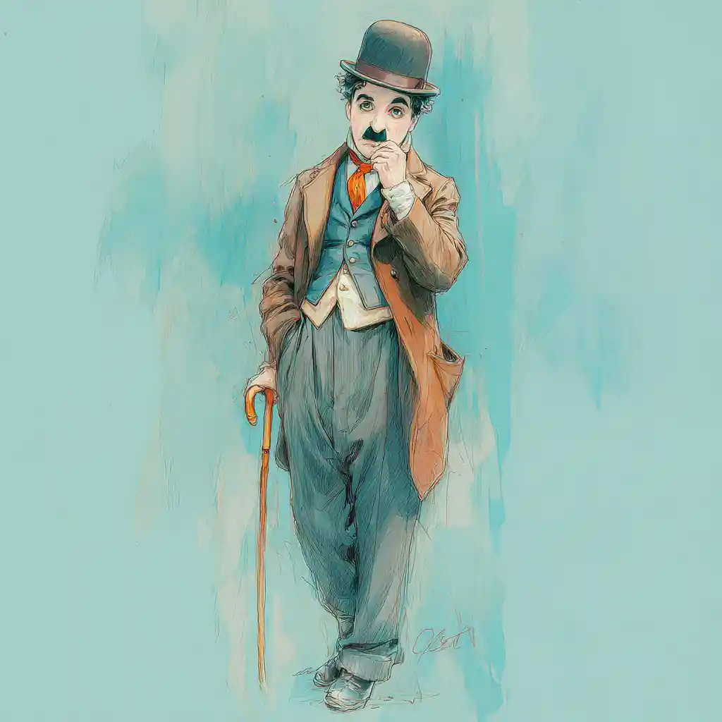 Figura de anime à la Chaplin em pé, pensativa com bengala