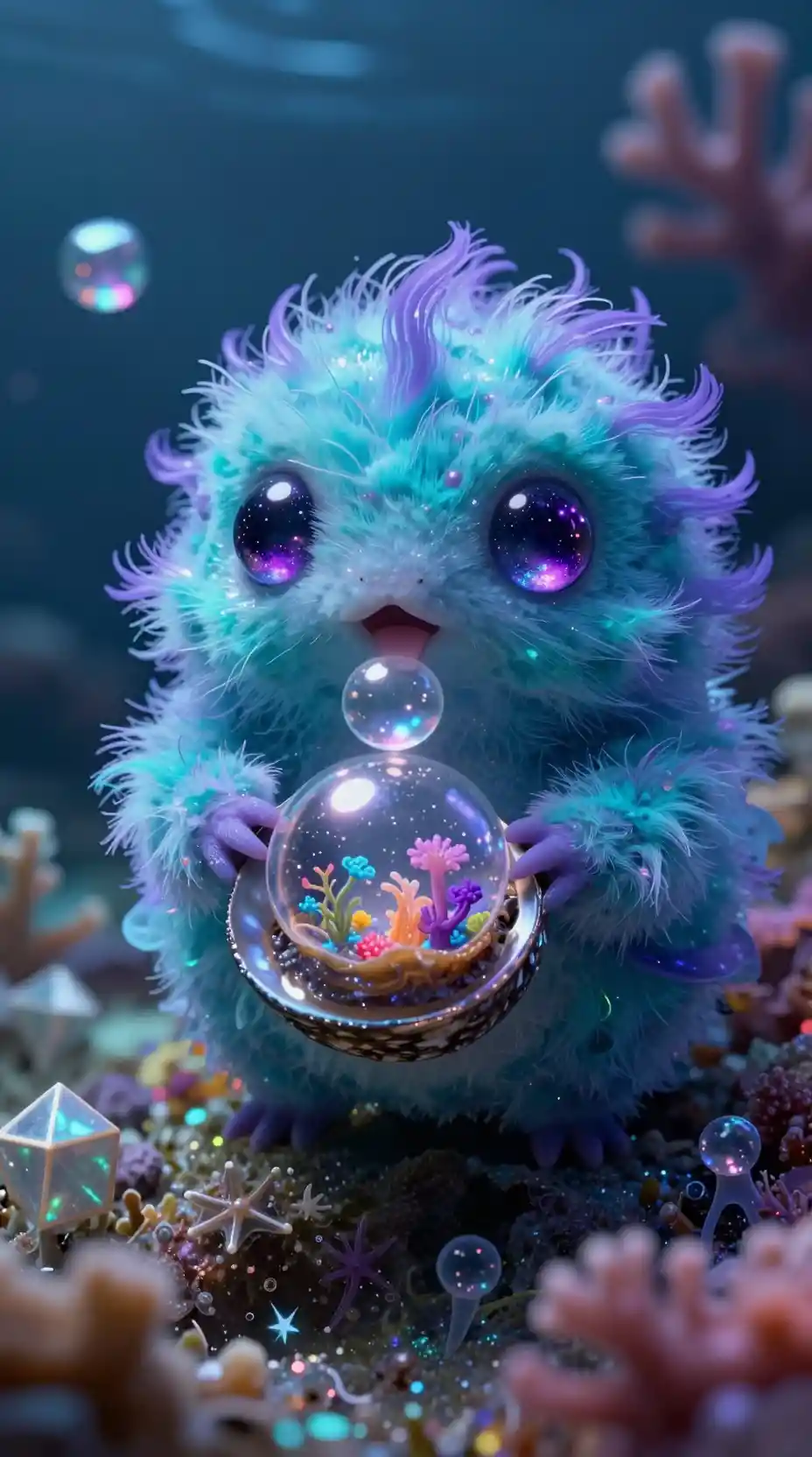 Tiny iridescent sea creature holding a glowing shell
