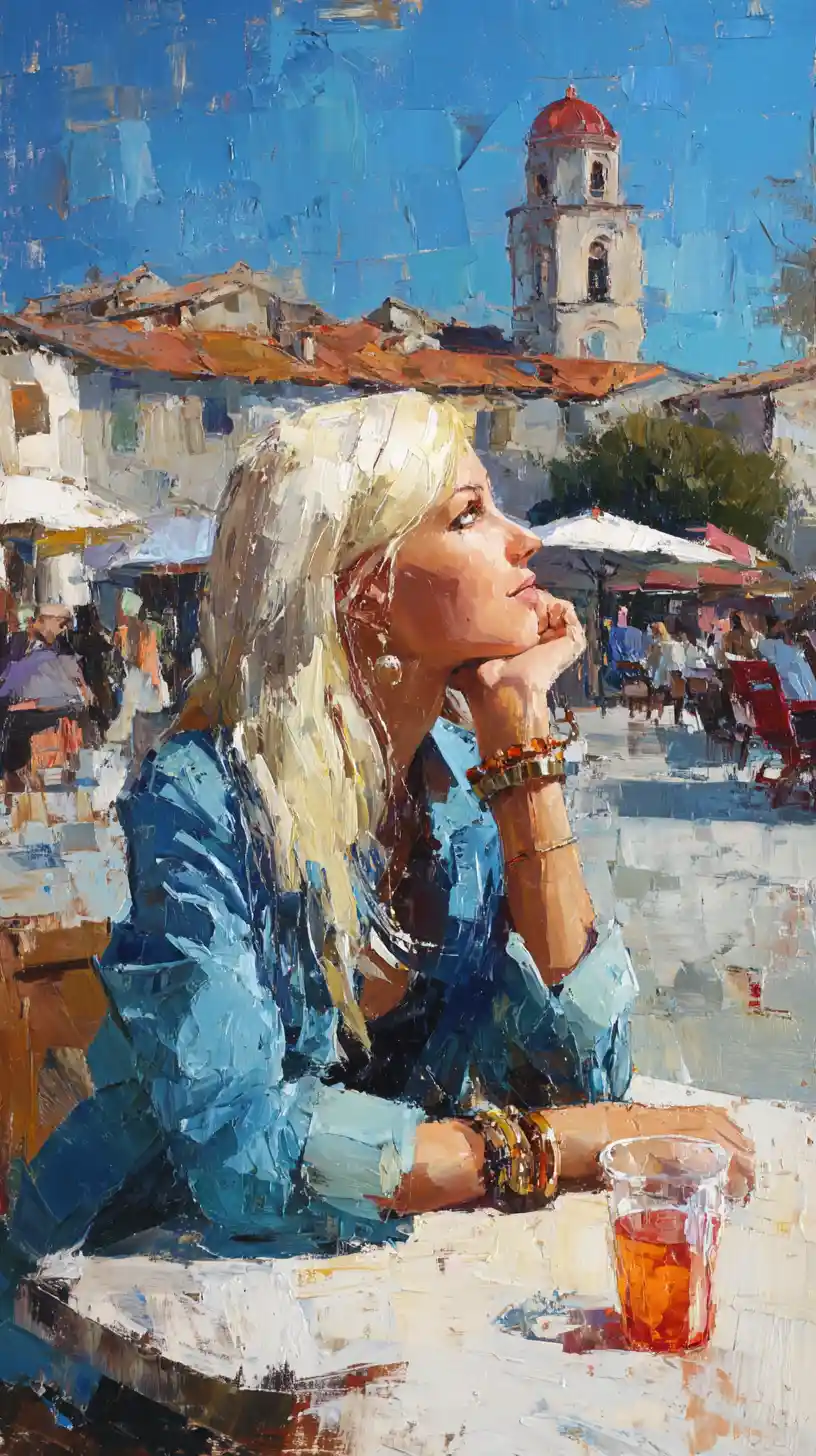 Thoughtful blonde girl at a busy city square cafe