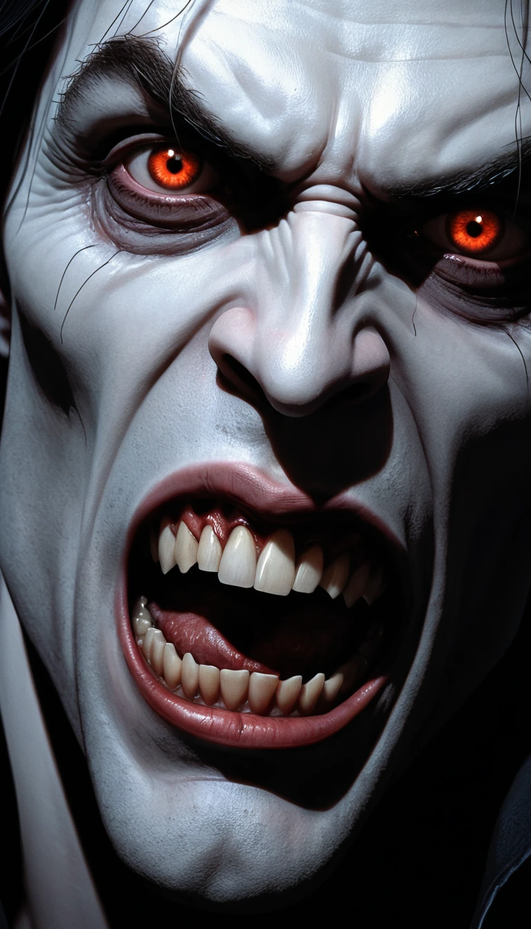 Retrato en primerísimo plano de un vampiro gótico con colmillos