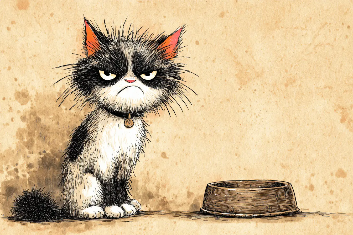 Grumpy Black And White Cat Beside Empty Wooden Bowl