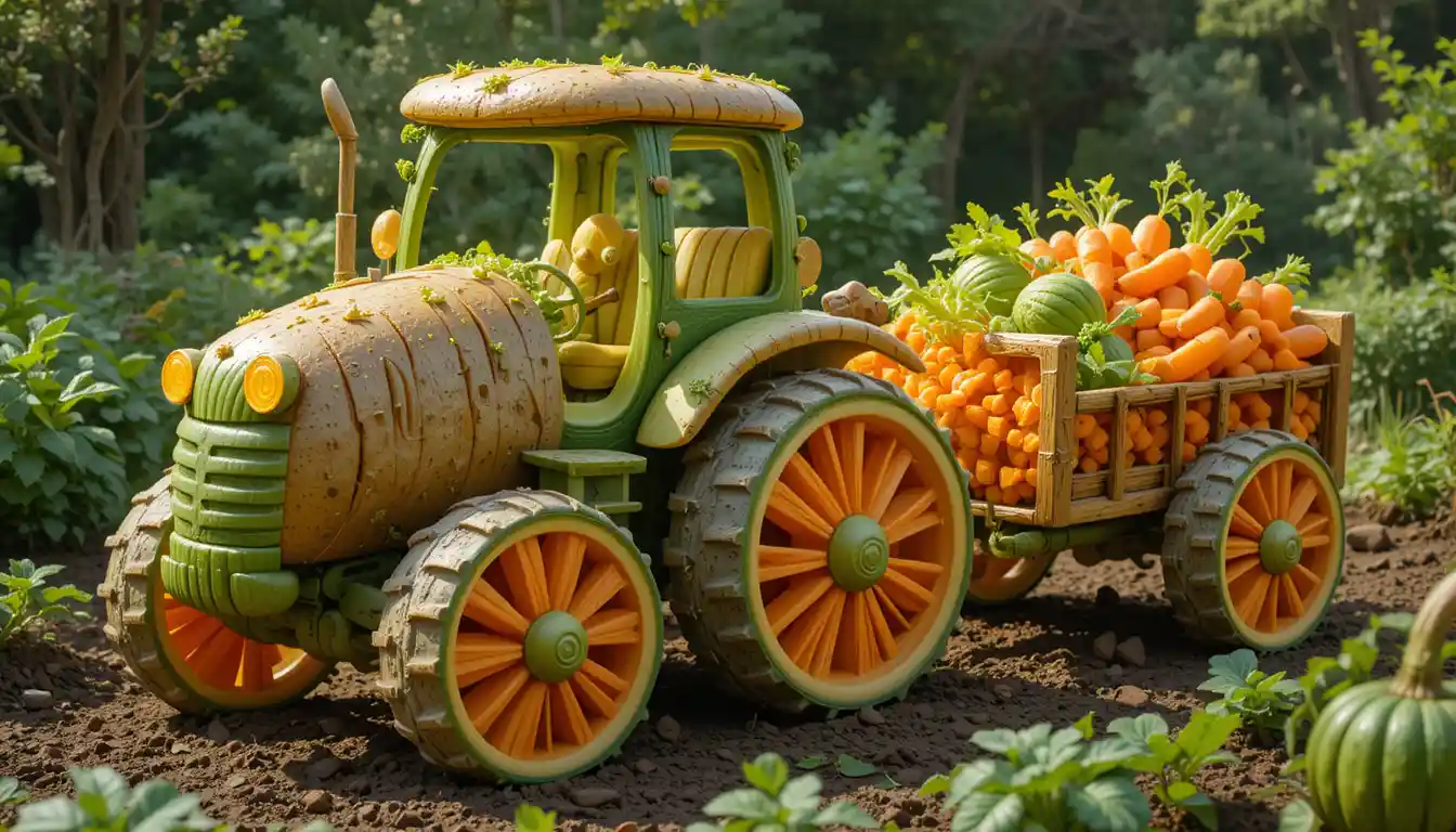 Whimsical vegetable tractor with fruit trailer in garden