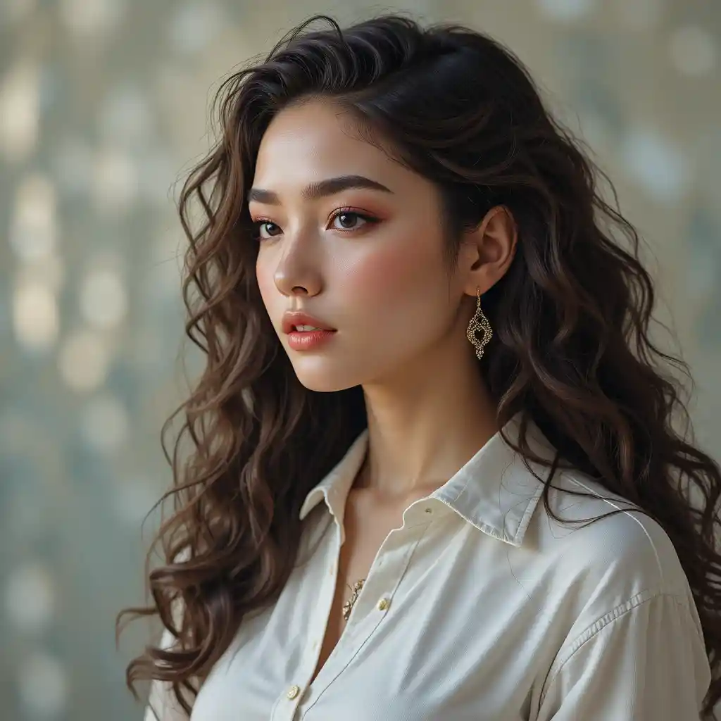 Young woman in white shirt with curly hair portrait