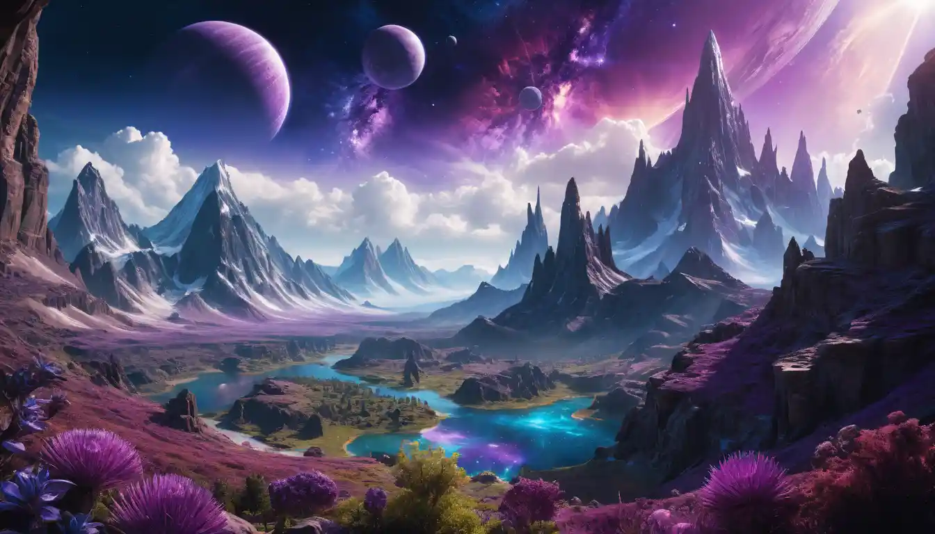 Montagne aliene e fogliame luminoso sotto un cielo viola